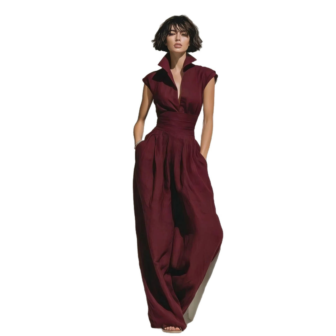 Damen Jumpsuit mit weitem Bein, tailliertem Wickelbund und Stehkragen Shop Nory