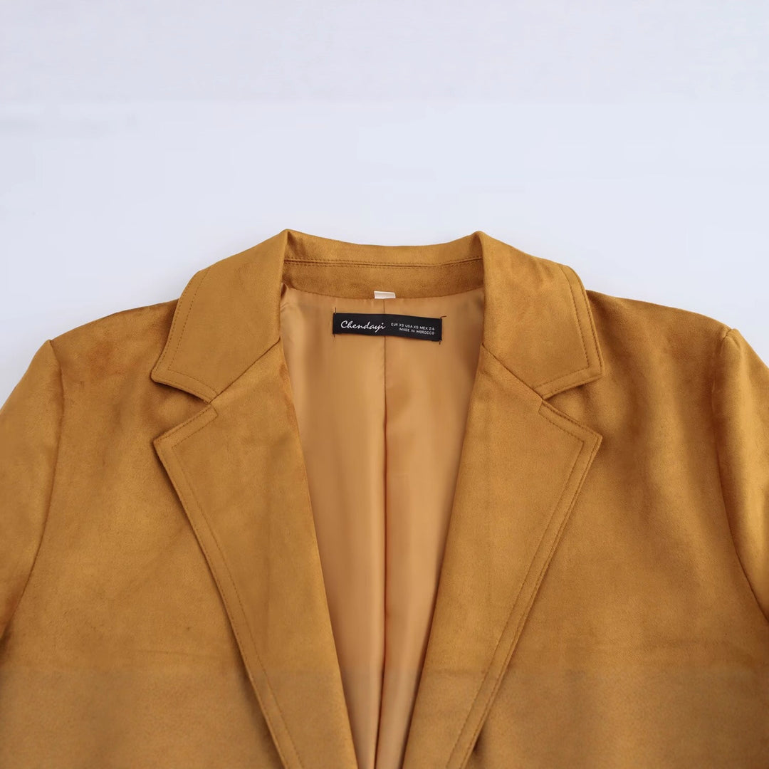 Damen Lang geschnittener Wildlederoptik-Blazer mit Reverskragen und Pattentaschen Shop Nory