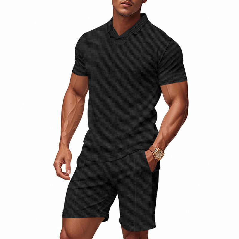 Herren nan lässiges Waffelstruktur-Freizeitset mit Reverskragen-Kurzarmshirt und elastischen Freizeitshorts