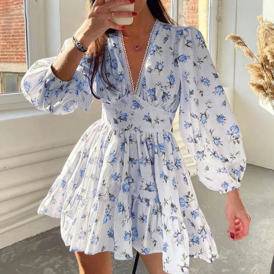 Damen Boho-florales Minikleid mit V-Ausschnitt und Puffärmeln Shop Nory