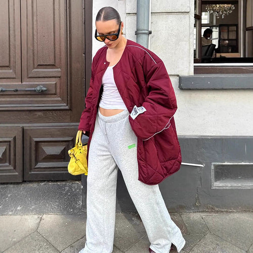 Damen Oversize-Steppjacke mit Diamantstepp, kontrastierender Paspel und Druckknopfverschluss Shop Nory