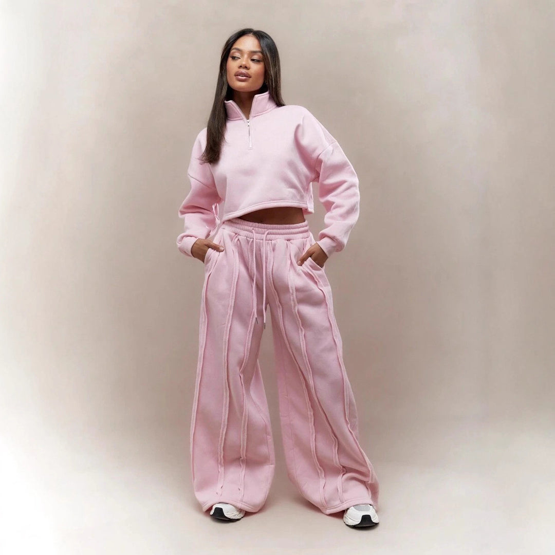 Damen Crop-Halbzip-Sweatshirt und High-Waist Wide-Leg Loungehose Set mit sichtbaren Naht-Details Shop Nory