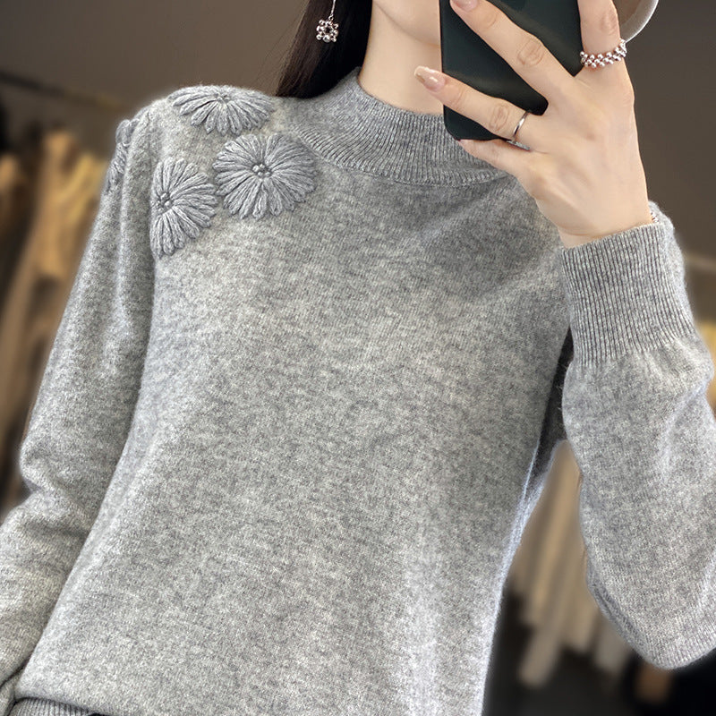 Damen Weicher Feinstrickpullover mit kurzem Stehkragen, 3D‑Blütenapplikation und gerippten Bündchen Shop Nory