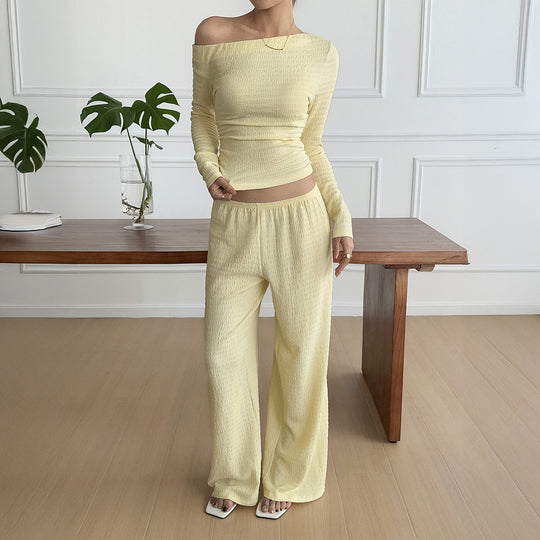 Damen nan legeres Crinkle-Lounge-Set mit Off-Shoulder Crop-Top und weiten High-Waist Palazzohose Shop Nory