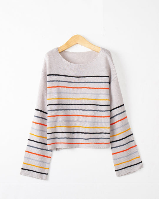 Damen Kurzgeschnittener Feinstrick-Pullover mit Rundhalsausschnitt, mehrfarbigen Horizontalstreifen und überschnittenen Schultern Shop Nory