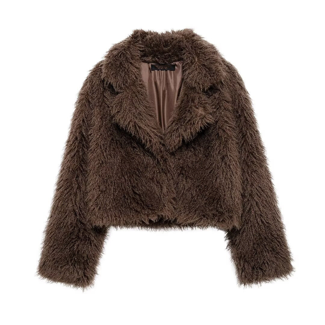 Damen Kurze Boxy-Plüschjacke im Shaggy-Look mit fallendem Revers Shop Nory