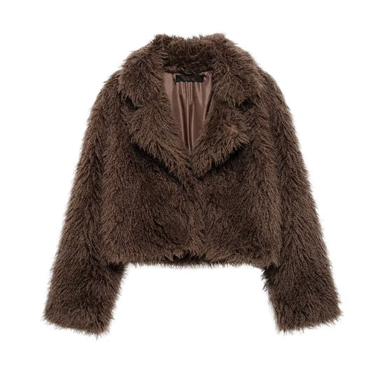 Damen Kurze Boxy-Plüschjacke im Shaggy-Look mit fallendem Revers Shop Nory