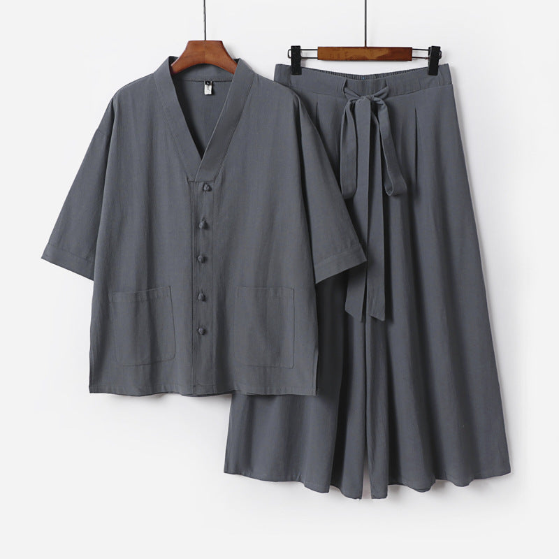 Damen Zweiteiliges Kimono-Lounge-Set mit Kurzarm-Knopfjacke, aufgesetzten Taschen und weiten Palazzo-Hosen Shop Nory