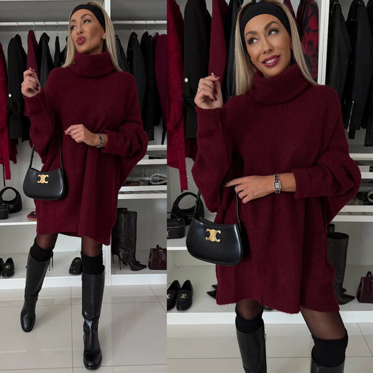 Damen kuscheliges Grobstrick-Minikleid mit extra hohem Rollkragen und oversized Passform Shop Nory