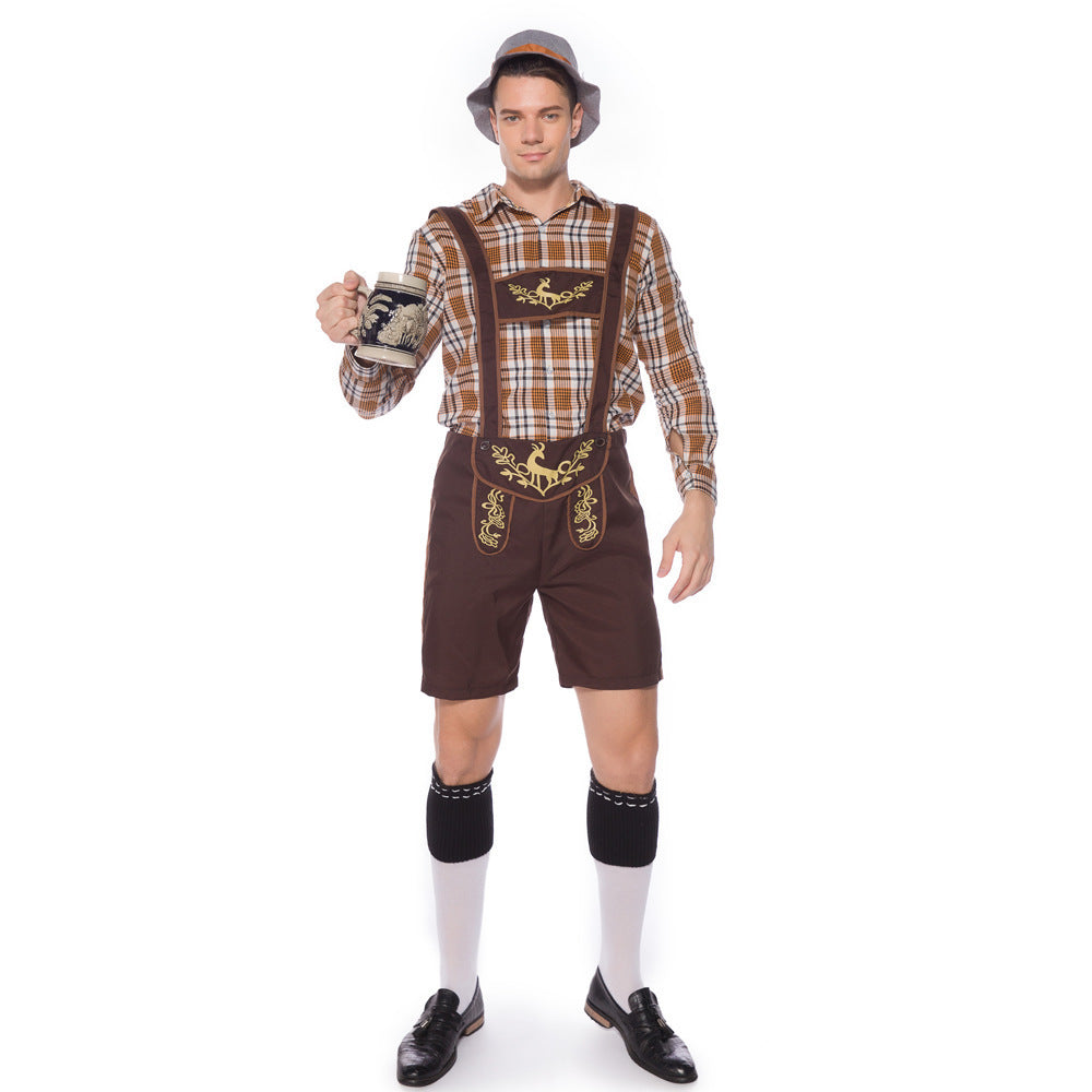 Damen Trachten-Latzhose mit kariertem Oberteil und dekorativer Stickerei