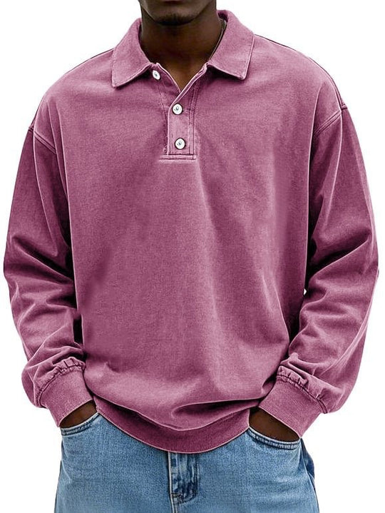 Herren Oversize Denim-Look Polo-Sweatshirt mit kurzer Knopfleiste und elastischen Bündchen EB