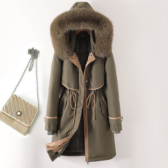 Damen nan langer Parka mit Kunstfellkapuze Taillenzug und kontrastierten Paspeln Shop Nory