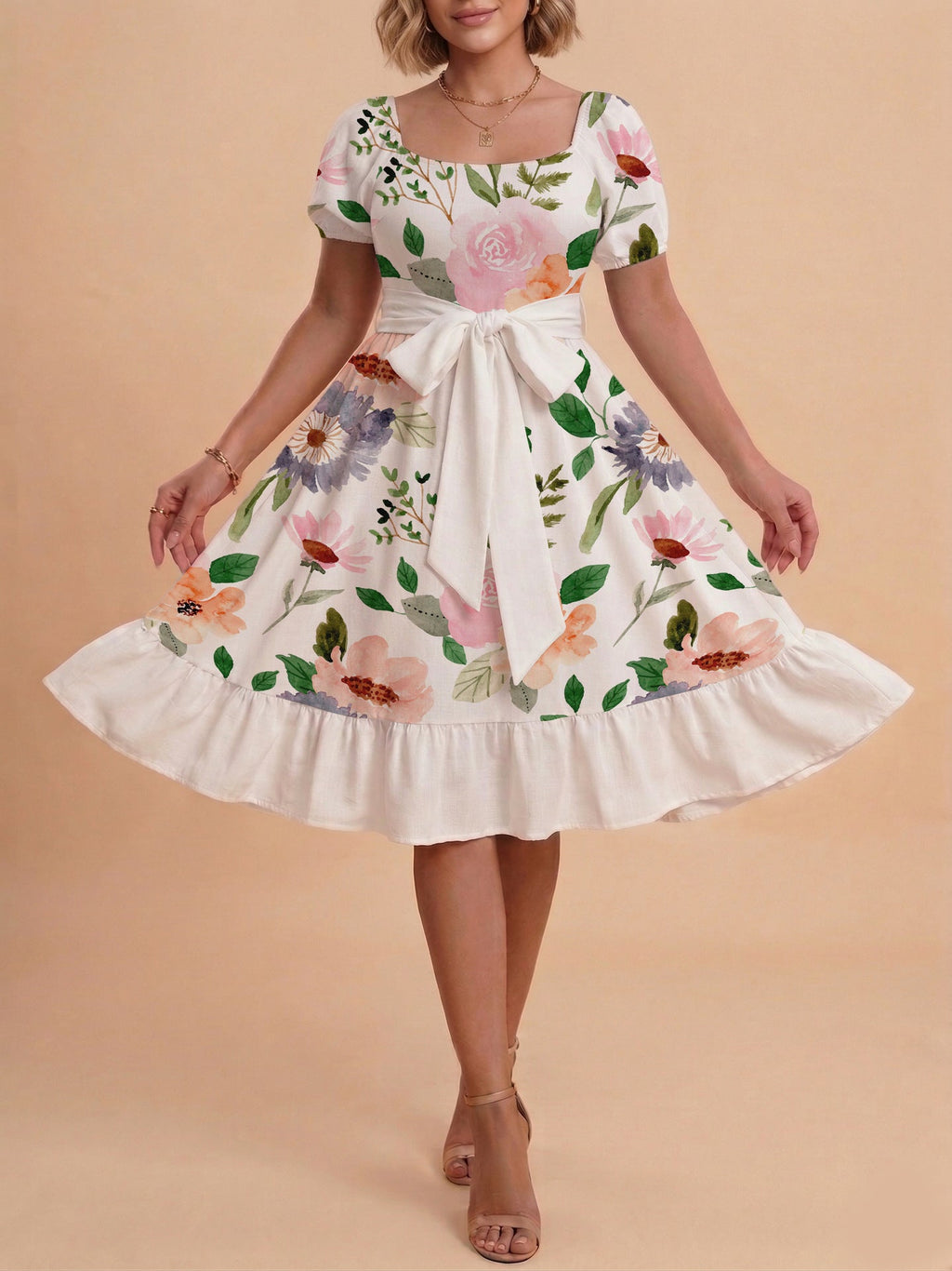Damen Sommerliches Blumenkleid mit taillierbarem Gürtel und voluminösen Ärmeln
