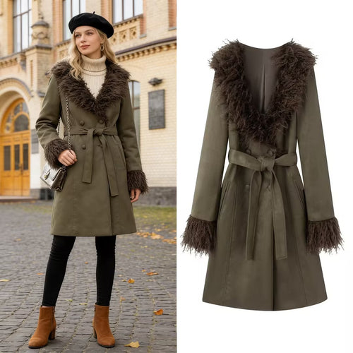 Damen Langer Mantel in Lammfelloptik mit Bindegürtel und Fellkragen Shop Nory