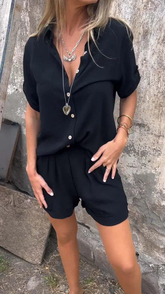 Damen Kurzoverall mit elegantem Hemdkragen und Taillengürtel Shopnory