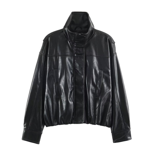 Damen Oversize Lederoptik-Blousonjacke mit Stehkragen und elastischem Saum Shop Nory