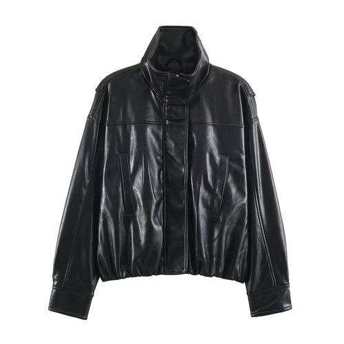 Damen Oversize Lederoptik-Blousonjacke mit Stehkragen und elastischem Saum Shop Nory