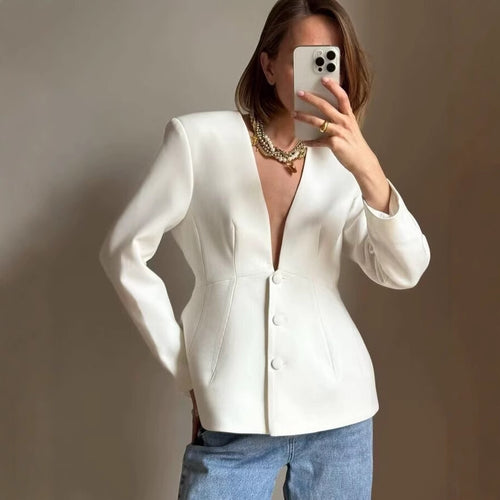 Damen Taillierter Blazer mit tiefem V-Ausschnitt und verdeckter Knopfleiste Shop Nory