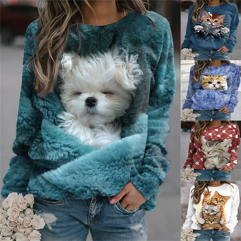 Damen Gemütlicher Übergroßer Fleece-Pullover mit Großem Welpenfoto-Print Shop Nory