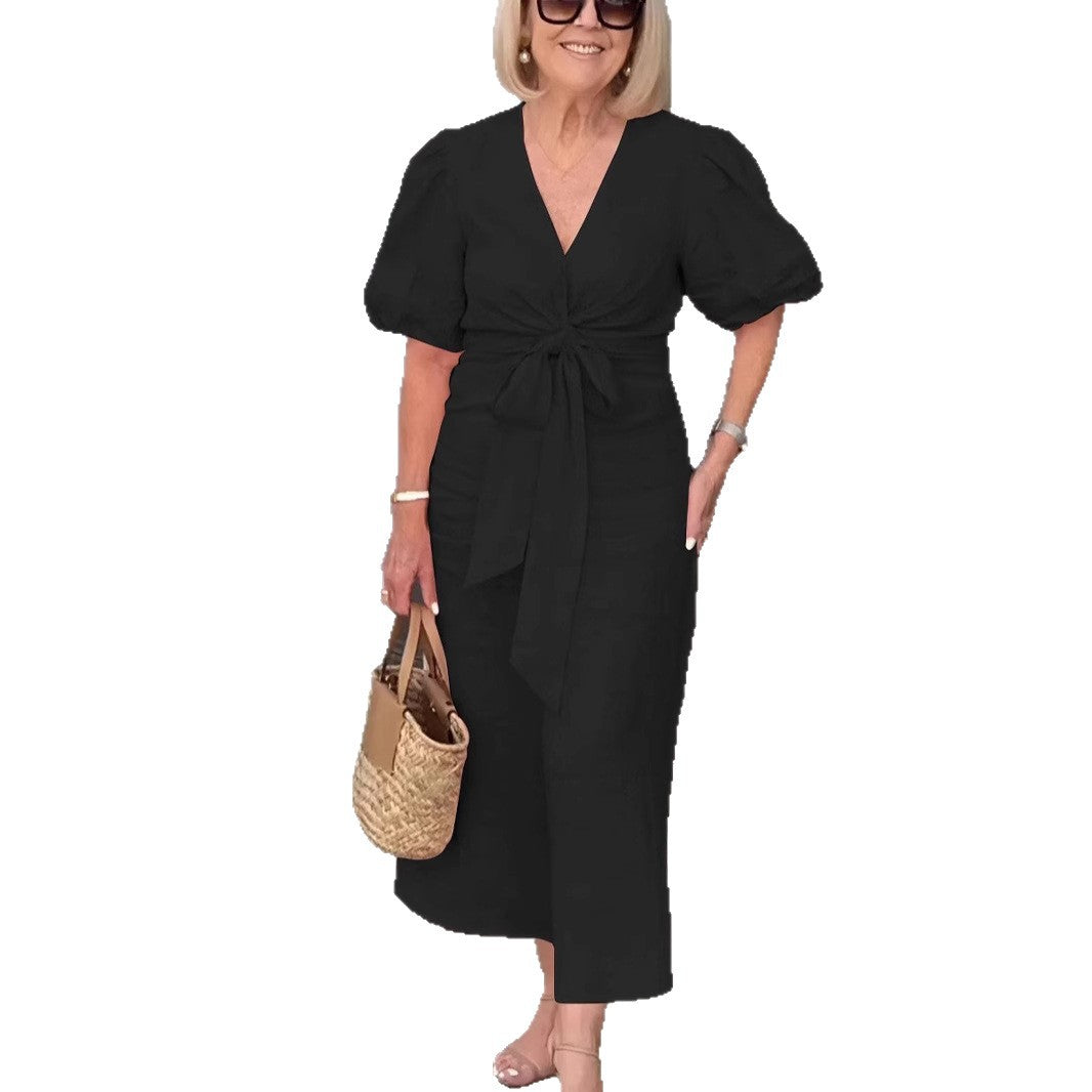 Damen Maxikleid mit eleganten Puffärmeln und Taillenknoten