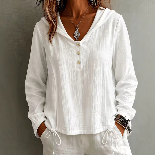Damen Leichte Kapuzenbluse aus Baumwollcrinkle mit Knopfleiste und Tunnelzugsaum Shop Nory