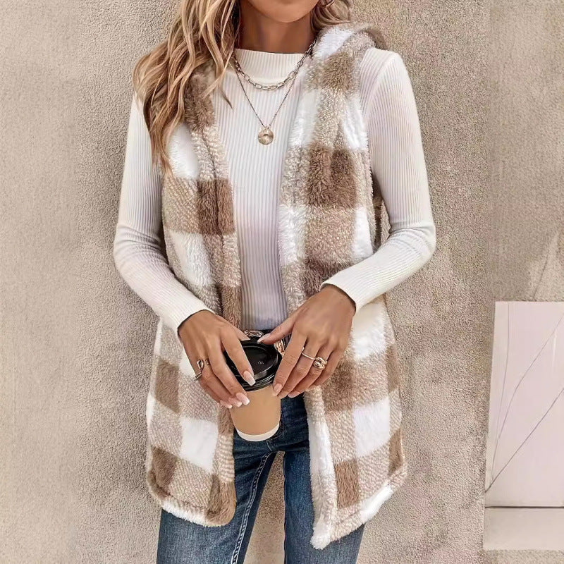 Damen Ärmellose Teddy‑Weste mit Kapuze und Karomuster Shop Nory