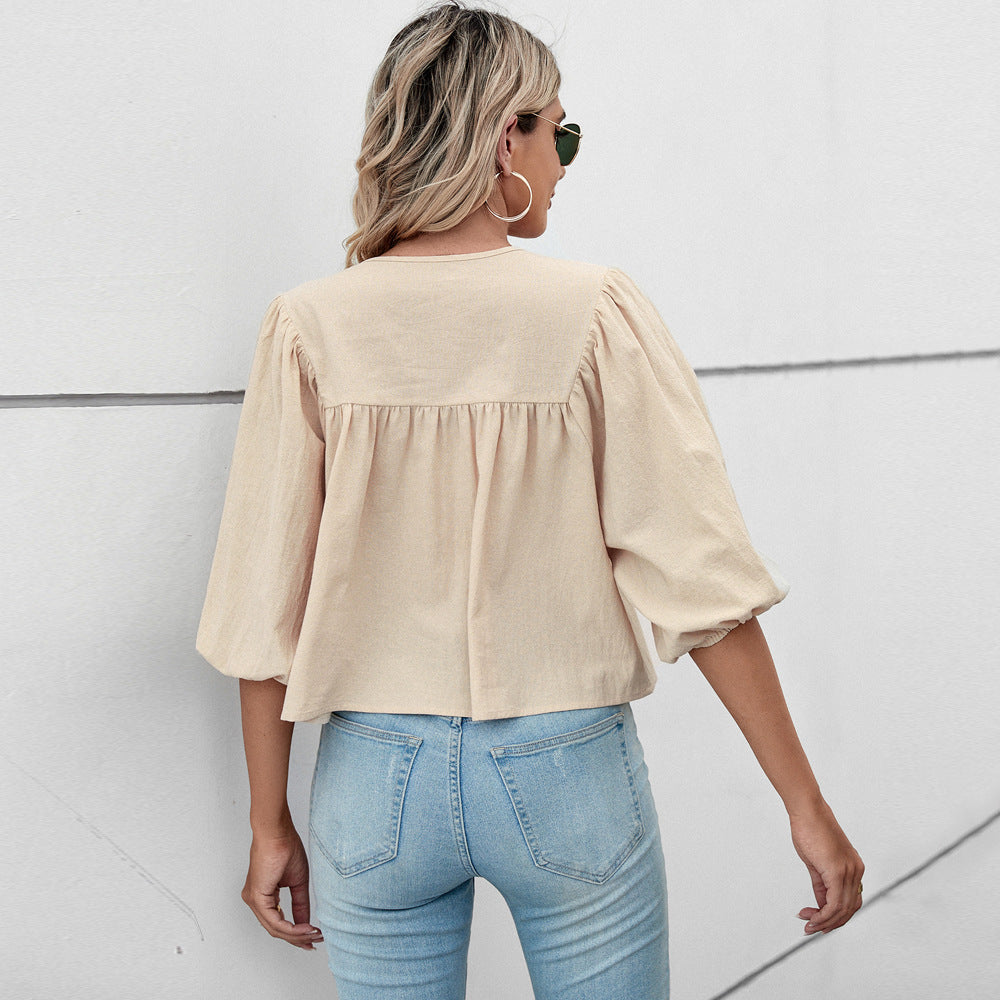 Damen lockere Babydoll-Bluse mit Schleifenkragen und 3/4-Volumenärmeln Shop Nory