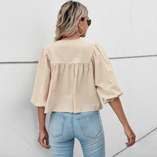 Damen lockere Babydoll-Bluse mit Schleifenkragen und 3/4-Volumenärmeln Shop Nory