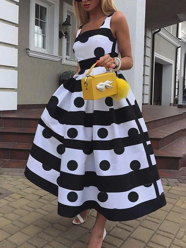 Damen Elegantes Midi-Kleid mit strukturiertem Polka-Dot-Design und schwingendem Rock Shopnory
