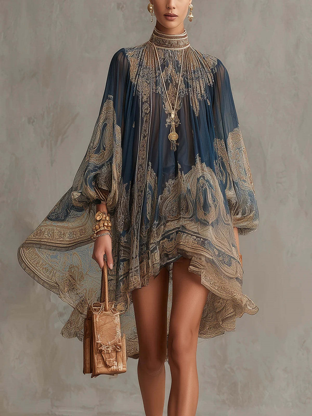 Damen Ätherisches Chiffon Tunika Kleid mit Hohem Stehkragen und Ballonärmeln Shop Nory