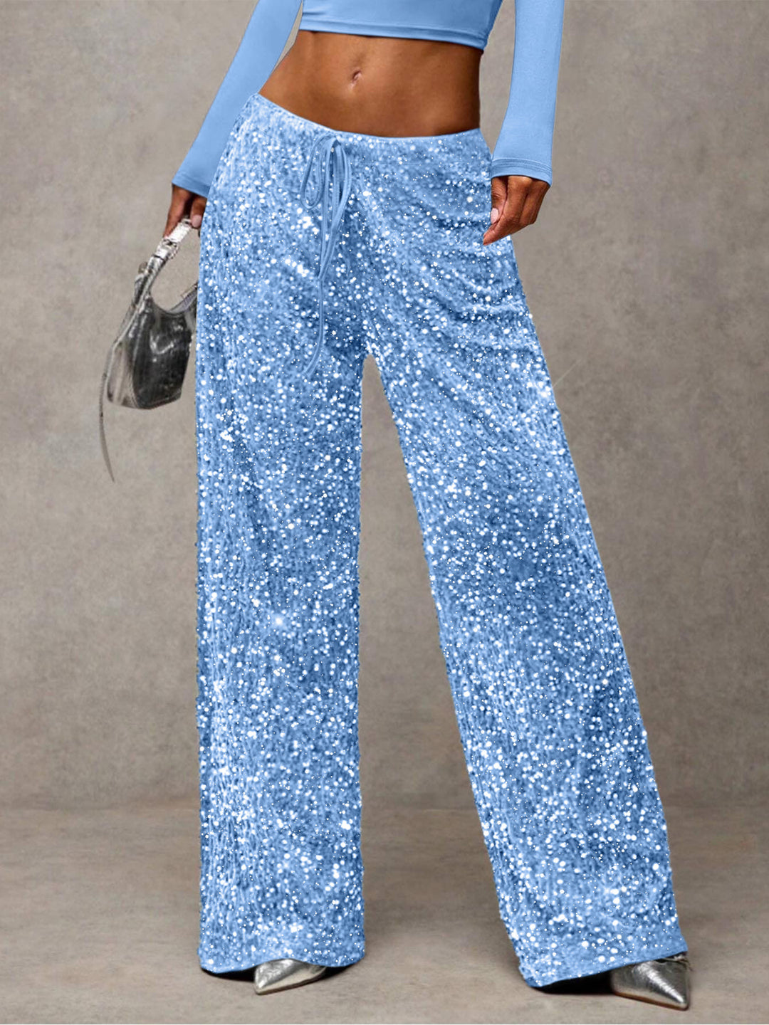 Damen Pailletten-Palazzohose mit hohem Bund und Kordelzug Shop Nory