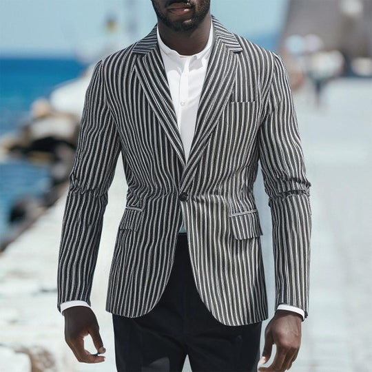 Herren gestreiftes Slim-Fit Sakko mit schmalem Revers und Single-Button Shop Nory