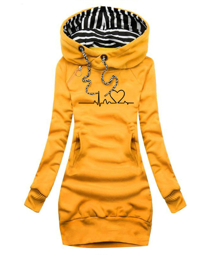 Damen Kapuzen-Sweatkleid mit gestreiftem Kapuzenfutter, Kängurutasche und Herz-EKG-Druck Shop Nory