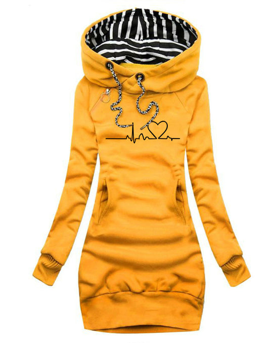 Damen Kapuzen-Sweatkleid mit gestreiftem Kapuzenfutter, Kängurutasche und Herz-EKG-Druck Shop Nory