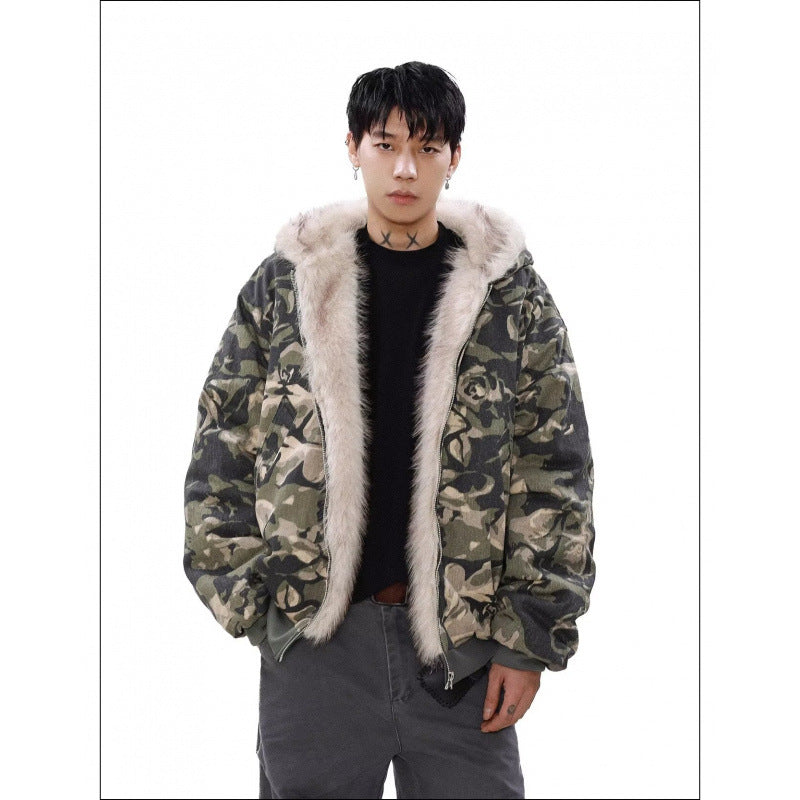Herren Warmer gefütterter Camouflage-Bomber mit Kapuze und Kunstfellbesatz Shop Nory