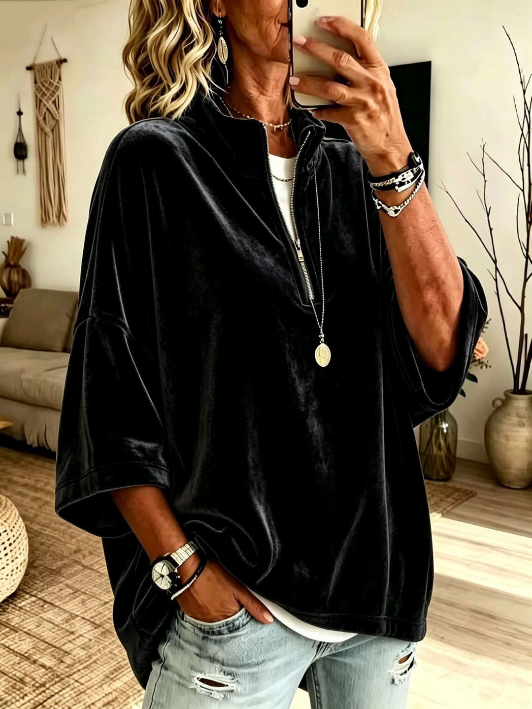 Damen Oversize Samt-Pullover mit kurzem Reißverschluss und Stehkragen Shop Nory