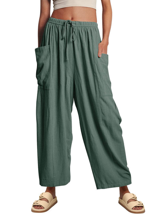 Damen Hochbundweite Weitbein Leinenmix Cargo Cropped Hose Shop Nory