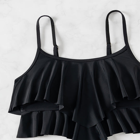 Damen Crop-Top-Bikini mit voluminösen Rüschendetails und hoch tailliertem Slip
