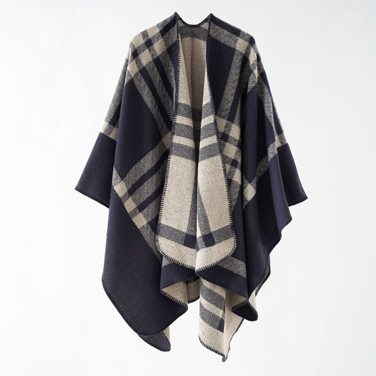 Damen Wendbarer Wollmix-Poncho mit geometrischem Karomuster und Ziernaht Shop Nory