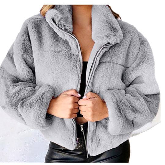 Damen nan kurze kuschelige Kunstpelzjacke mit Stehkragen und Reißverschluss Shop Nory