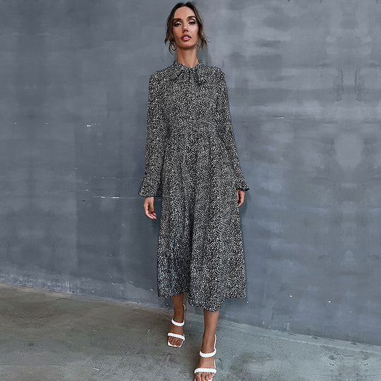 Damen Midikleid mit Stehkragen und Bindeschleife, Langarm A‑Linie mit feinem Pünktchenmuster Shop Nory