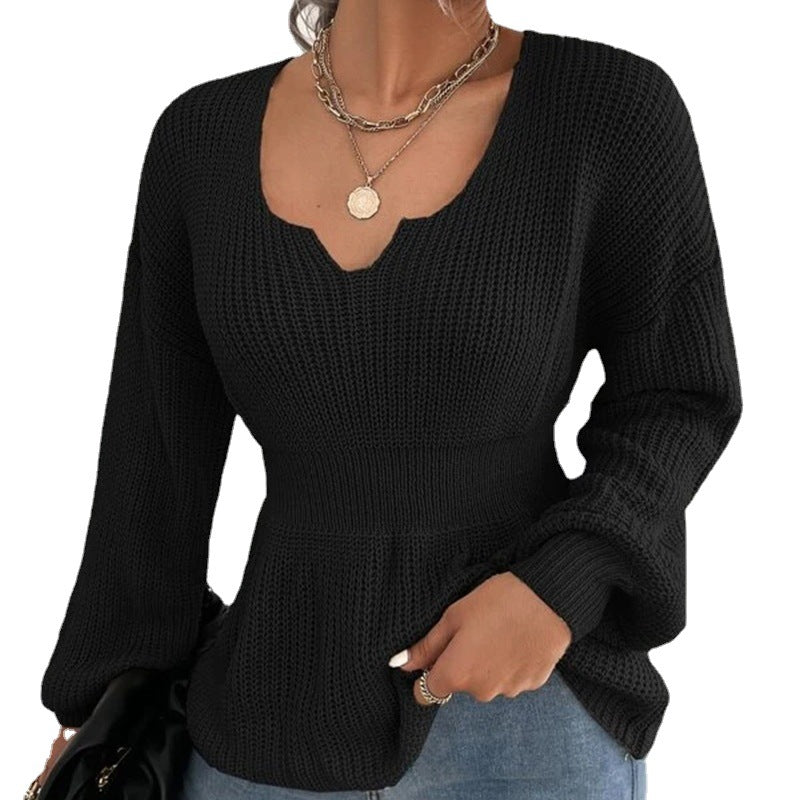 Damen Taillierter Feinstrickpullover mit eingekerbtem V-Ausschnitt, taillenbetonter Rippzone und Ballonärmeln Shop Nory
