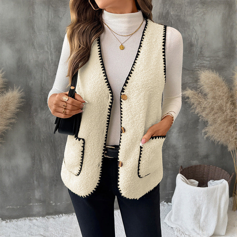 Damen Ärmellose Teddyweste mit Kontrast-Ziernähten und aufgesetzten Taschen Shop Nory