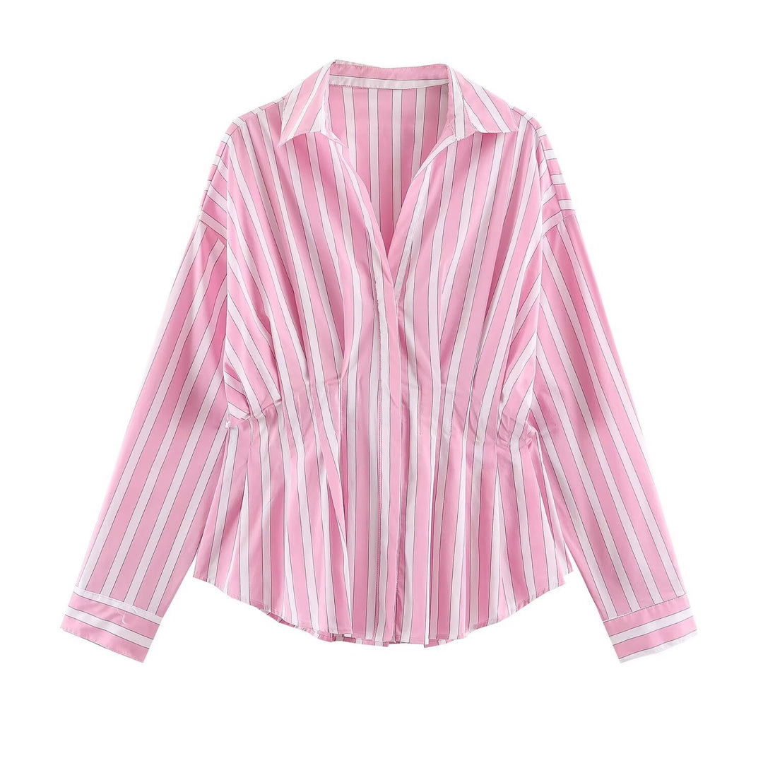 Damen Gestreifte Oversize-Bluse mit taillierenden Raffungen und Hemdkragen Shop Nory