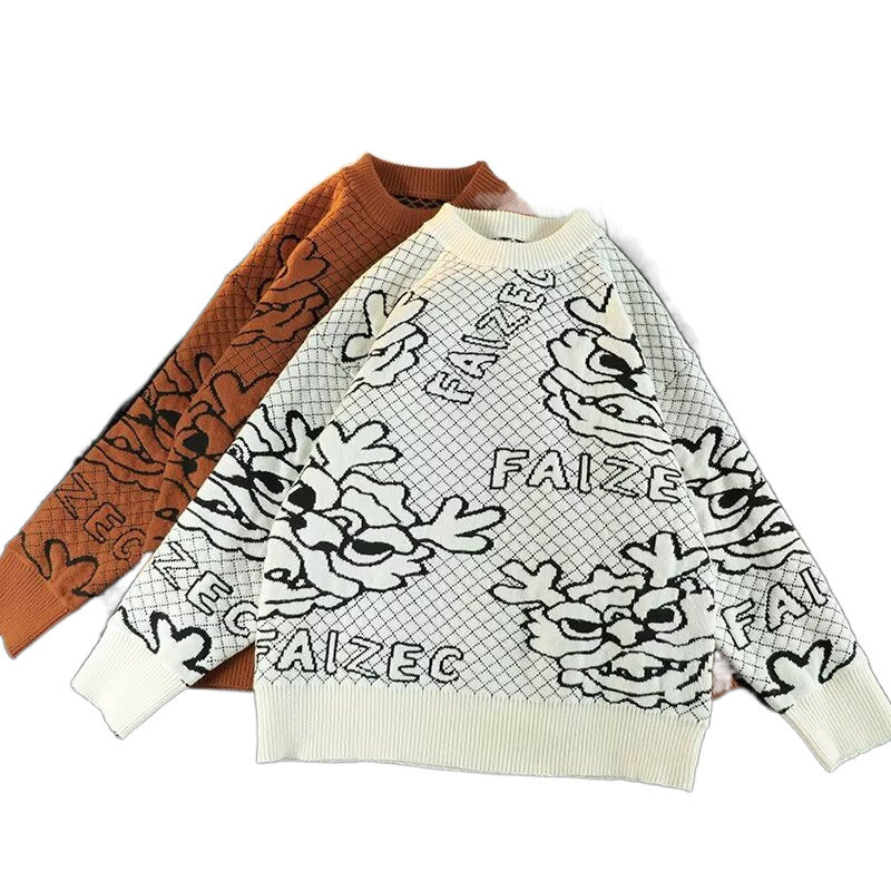 Unisex Oversized Jacquard-Strickpullover mit Allover-Motiv und Rippbündchen Shop Nory