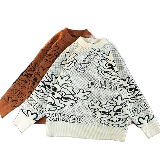 Unisex Oversized Jacquard-Strickpullover mit Allover-Motiv und Rippbündchen Shop Nory