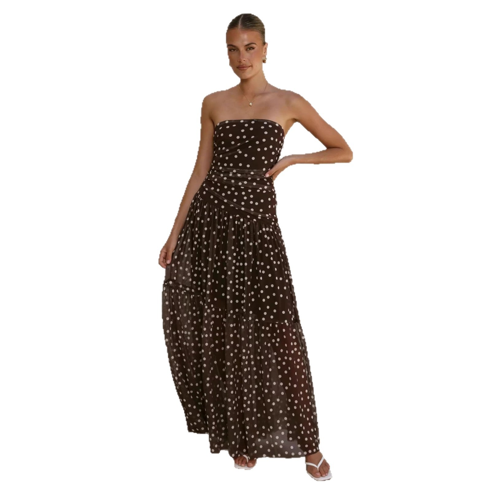 Damen Maxikleid mit schulterfreiem Schnitt und verspieltem Punktenmuster