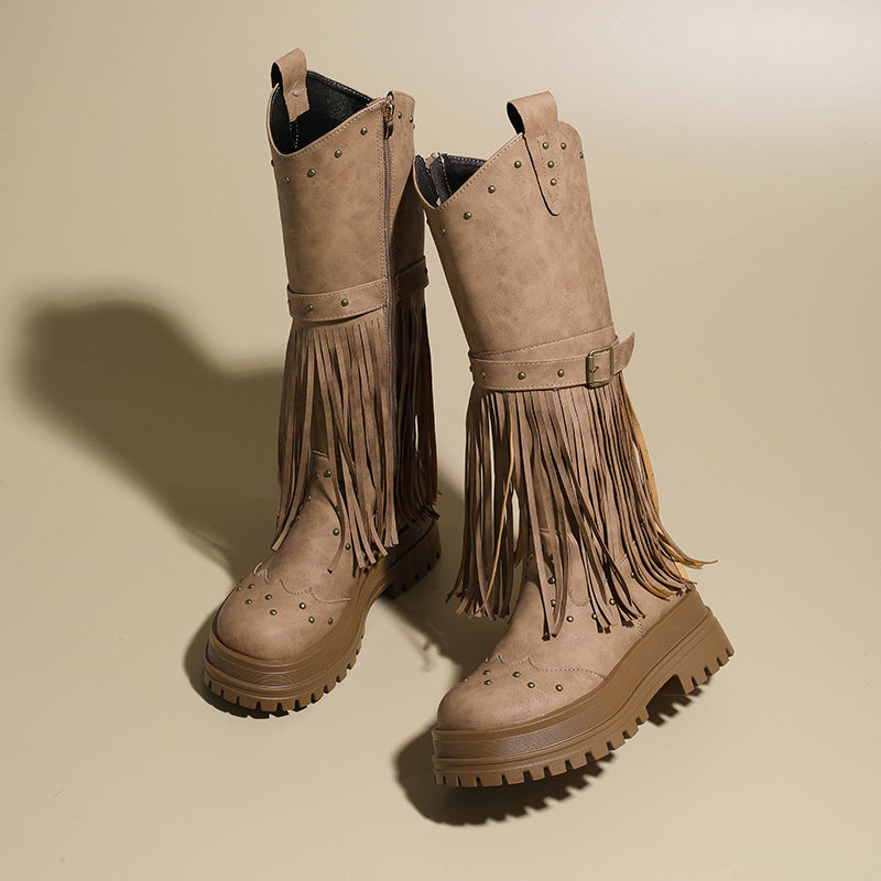 Damen Overknee-Stiefel mit modischem Fransen-Design und robustem Profil