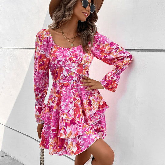 Damen Florales Rüschiges Skaterkleid mit Carmen-Ausschnitt, Taillennaht & Volantstufen Shop Nory