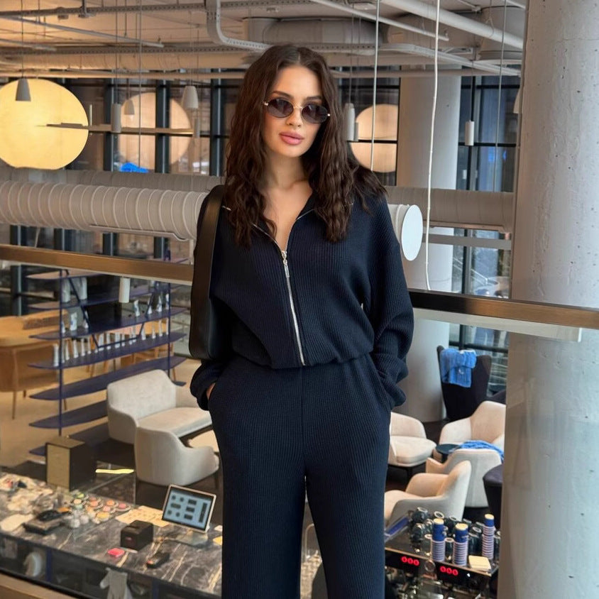 Damen gemütlicher Strick-Jumpsuit mit Reißverschluss, elastischem Taillenbund und weitem Bein Shop Nory